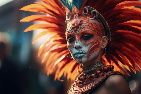 Portrait of Mexican cosplay for Dia De Las Muertos. Freaks with insane hairstyles, masks, costumes and makeup. Made with Generative AIの素材