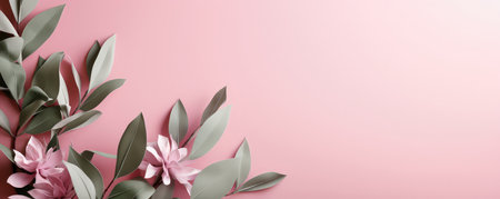 Light green plants on a pastel pink background. Empty space for text. Banner made with Generative AIの素材