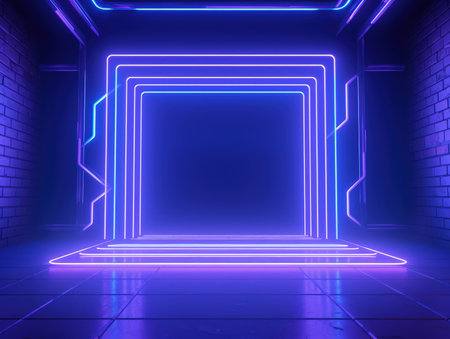 Blue glowing neon underground frame tunnel. Modern, trending billboard mockup. Made with Generative AIの素材