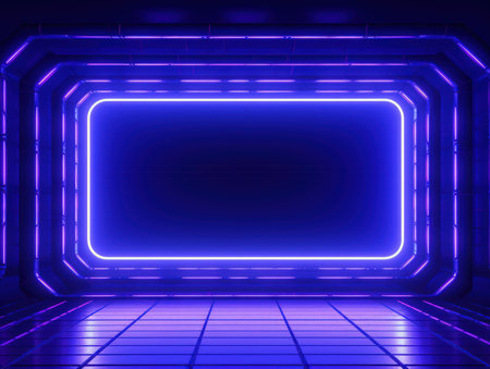 Blue glowing neon underground frame tunnel. Modern, trending billboard mockup. Made with Generative AIの素材
