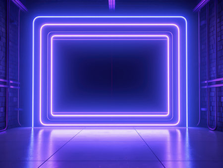 Blue glowing neon underground frame tunnel. Modern, trending billboard mockup. Made with Generative AIの素材