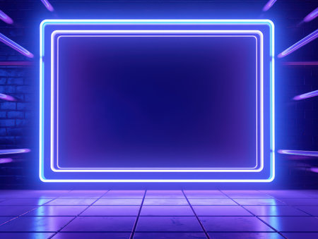 Blue glowing neon underground frame tunnel. Modern, trending billboard mockup. Made with Generative AIの素材