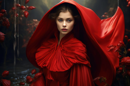 Portrait of a beautiful woman in red cloak. Fantasy cosplay of Red Cap cosplay in  forest. Made with Generative AIの素材