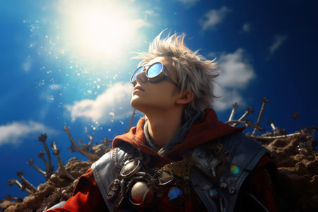 Attractive beautiful men in business suit and unusual sunglasses. Fairy tale cosplay illustration made with Generative AIの素材