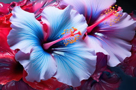 Beautiful hibiscus flower illustration. Blue and red color palette. Made with Generative AIの素材