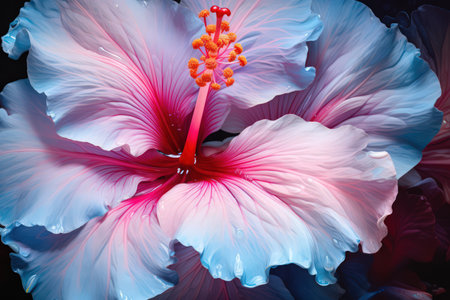 Beautiful hibiscus flower illustration. Blue and red color palette. Made with Generative AIの素材