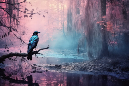 Foggy cold forest, pastel color palette. Crow sitting on stem. Watercolor style. Made with Generative AIの素材