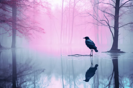 Foggy cold forest, pastel color palette. Crow sitting on stem. Watercolor style. Made with Generative AIの素材