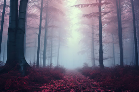 Foggy cold forest, pastel color palette. Watercolor style. Made with Generative AIの素材