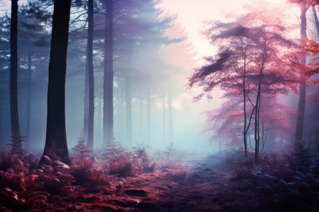 Foggy cold forest, pastel color palette. Watercolor style. Made with Generative AIの素材