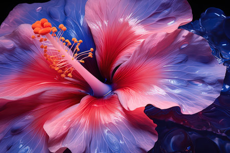 Beautiful hibiscus flower illustration. Blue and red color palette. Made with Generative AIの素材