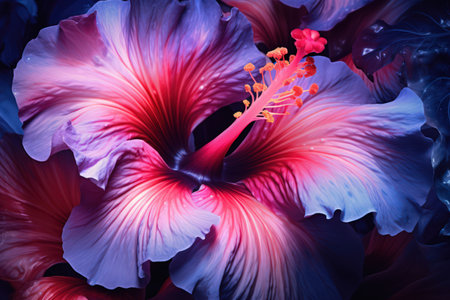 Beautiful hibiscus flower illustration. Blue and red color palette. Made with Generative AIの素材