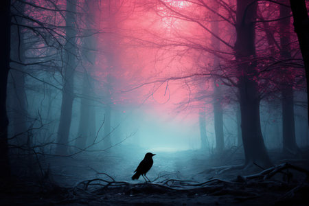 Foggy cold forest, pastel color palette. Crow sitting on stem. Watercolor style. Made with Generative AIの素材