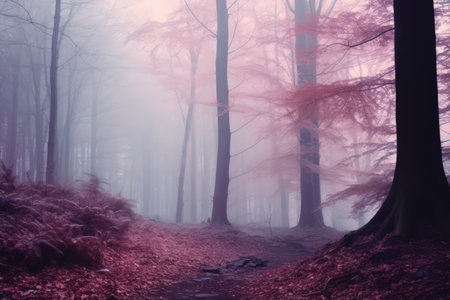 Foggy cold forest, pastel color palette. Watercolor style. Made with Generative AIの素材