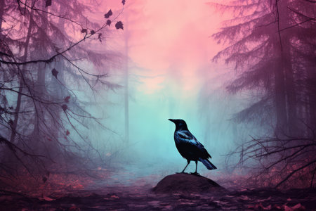 Foggy cold forest, pastel color palette. Crow sitting on stem. Watercolor style. Made with Generative AIの素材