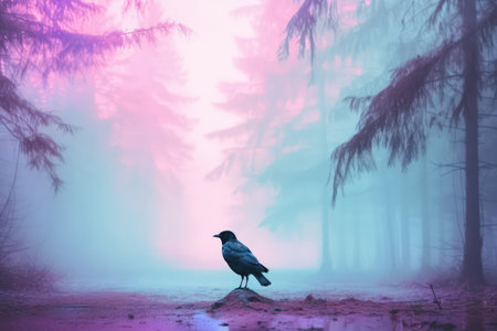 Foggy cold forest, pastel color palette. Crow sitting on stem. Watercolor style. Made with Generative AIの素材
