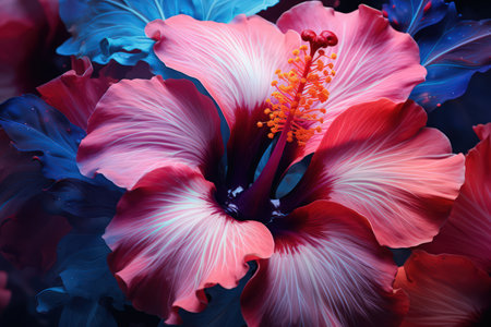Beautiful hibiscus flower illustration. Blue and red color palette. Made with Generative AIの素材