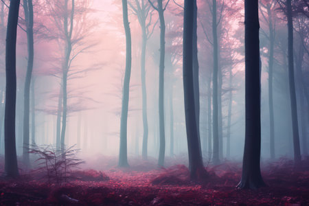 Foggy cold forest, pastel color palette. Watercolor style. Made with Generative AIの素材