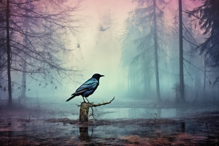 Foggy cold forest, pastel color palette. Crow sitting on stem. Watercolor style. Made with Generative AIの素材