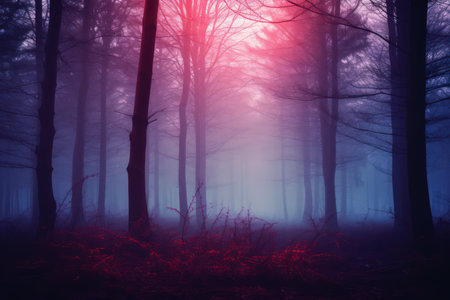 Foggy cold forest, pastel color palette. Watercolor style. Made with Generative AIの素材