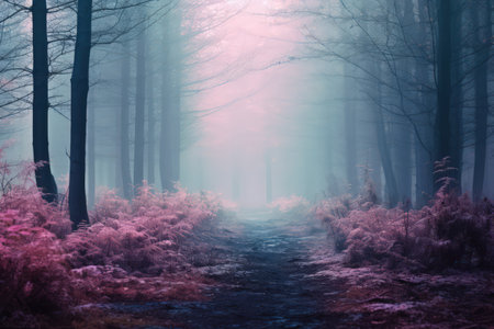 Foggy cold forest, pastel color palette. Watercolor style. Made with Generative AIの素材