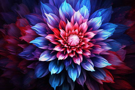 Beautiful flower illustration. Blue and red color palette. Made with Generative AIの素材