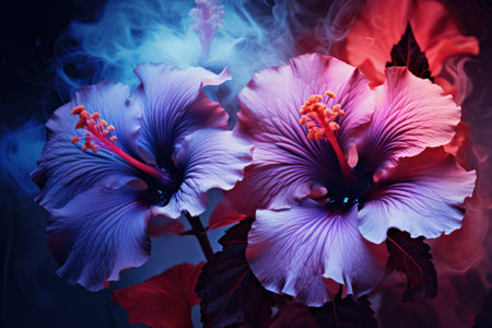 Beautiful hibiscus flower illustration. Blue and red color palette. Made with Generative AIの素材