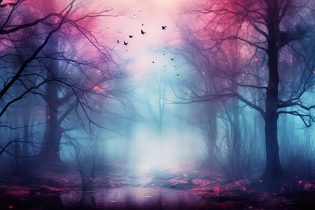 Foggy cold forest, pastel color palette. Watercolor style. Made with Generative AIの素材