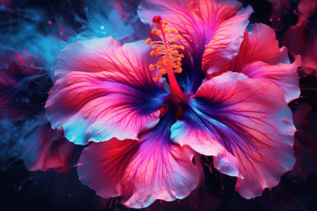 Beautiful hibiscus flower illustration. Blue and red color palette. Made with Generative AIの素材