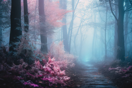 Foggy cold forest, pastel color palette. Watercolor style. Made with Generative AIの素材