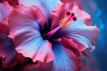 Beautiful hibiscus flower illustration. Blue and red color palette. Made with Generative AIの素材