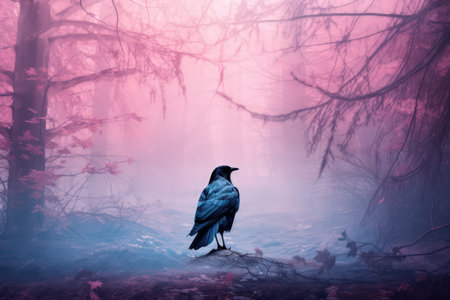 Foggy cold forest, pastel color palette. Crow sitting on stem. Watercolor style. Made with Generative AIの素材