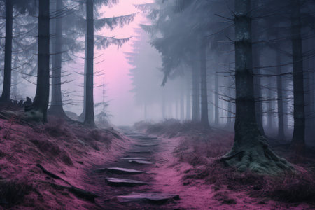 Foggy cold forest, pastel color palette. Watercolor style. Made with Generative AIの素材