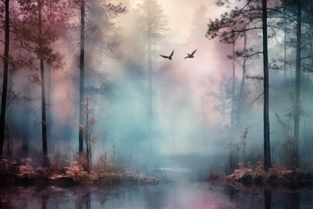 Foggy cold forest, pastel color palette. Watercolor style. Made with Generative AIの素材