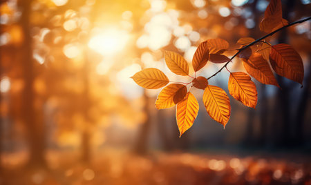 Beautiful autumn leaves, bokeh background with empty space a center. Warm colors. Seasonal banner, made with Generative AIの素材