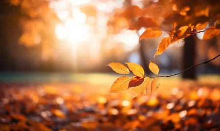 Beautiful autumn leaves, bokeh background with empty space a center. Warm colors. Seasonal banner, made with Generative AIの素材