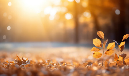 Beautiful autumn leaves at the grass ground, bokeh background with empty space a center. Warm colors. Seasonal banner, made with Generative AIの素材