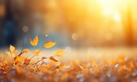 Beautiful autumn leaves at the grass ground, bokeh background with empty space a center. Warm colors. Seasonal banner, made with Generative AIの素材
