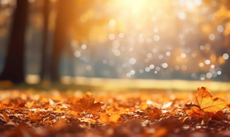 Beautiful autumn leaves at the grass ground, bokeh background with empty space a center. Warm colors. Seasonal banner, made with Generative AIの素材
