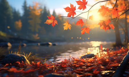 Beautiful autumn leaves at the grass ground, bokeh background with empty space a center. Warm colors. Seasonal banner, made with Generative AIの素材
