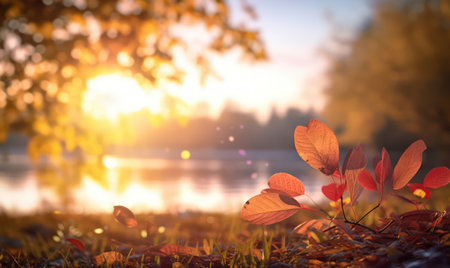 Beautiful autumn leaves at the grass ground, bokeh background with empty space a center. Warm colors. Seasonal banner, made with Generative AIの素材