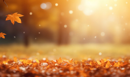 Beautiful autumn leaves at the grass ground, bokeh background with empty space a center. Warm colors. Seasonal banner, made with Generative AIの素材