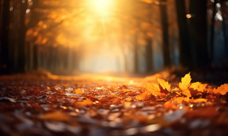 Beautiful autumn leaves at the grass ground, bokeh background with empty space a center. Warm colors. Seasonal banner, made with Generative AIの素材