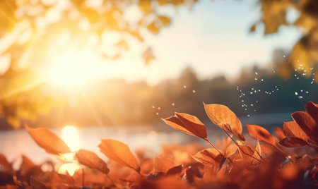 Beautiful autumn leaves at the grass ground, bokeh background with empty space a center. Warm colors. Seasonal banner, made with Generative AIの素材