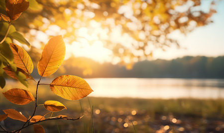 Beautiful autumn leaves at the grass ground, bokeh background with empty space a center. Warm colors. Seasonal banner, made with Generative AIの素材