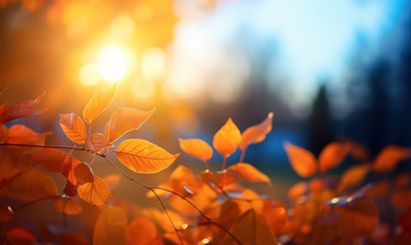 Beautiful autumn leaves, bokeh background with empty space a center. Warm colors. Seasonal banner, made with Generative AIの素材
