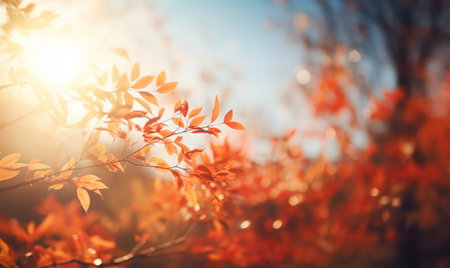 Beautiful autumn leaves, bokeh background with empty space a center. Warm colors. Seasonal banner, made with Generative AIの素材