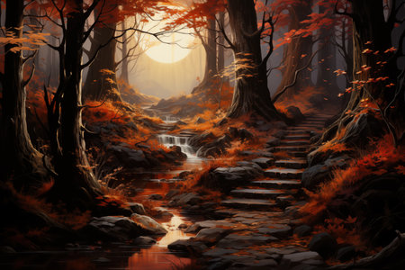 Road in the autumn forest. Golden leaves. In style of painting. Made with Generative AIの素材