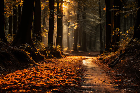 Road in the autumn forest. Golden leaves. In style of painting. Made with Generative AIの素材