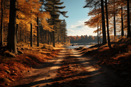 Road in the autumn forest. Golden leaves. In style of painting. Made with Generative AIの素材